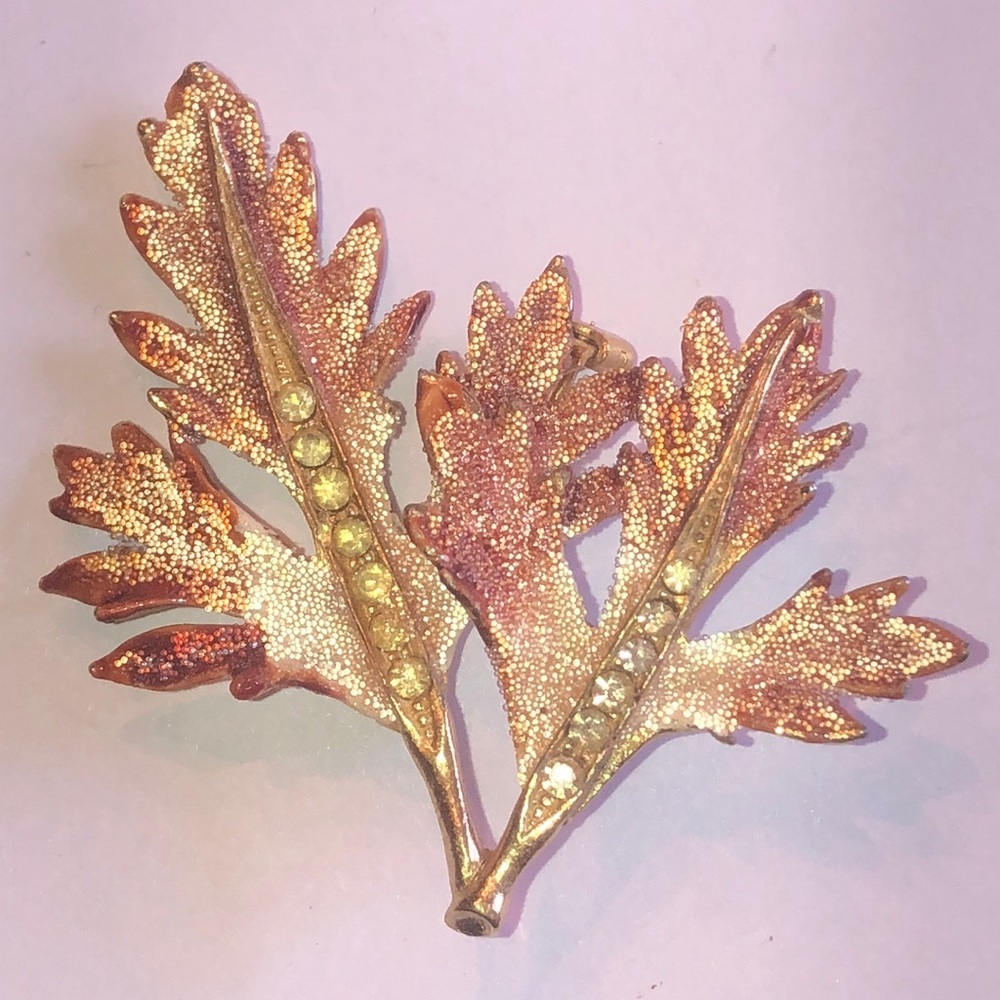 Vintage Gold Tone Sugar Coated Boho Leaf Brooch